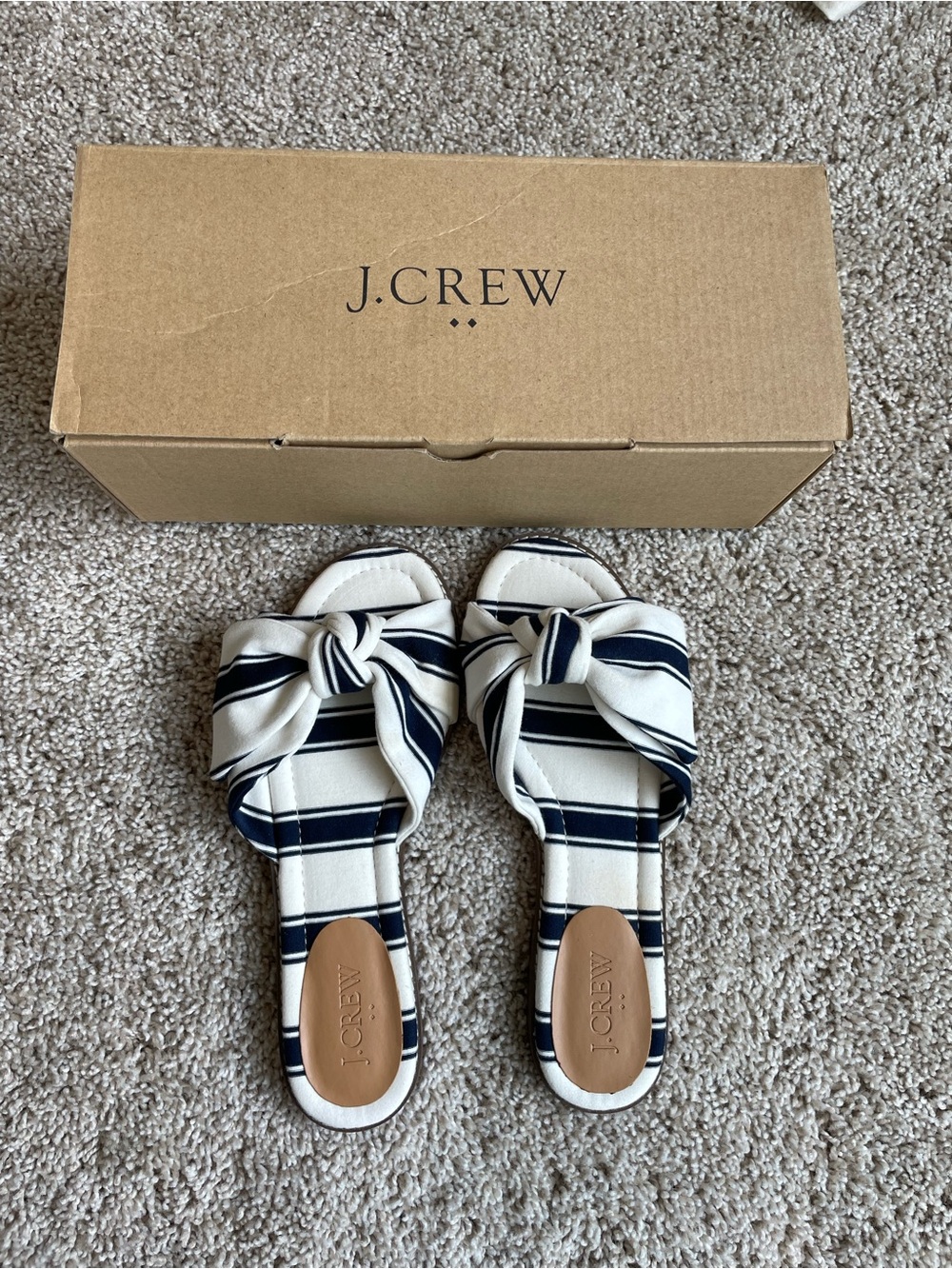 J. Crew Factory Navy & White Striped Knotted Slide Sandals